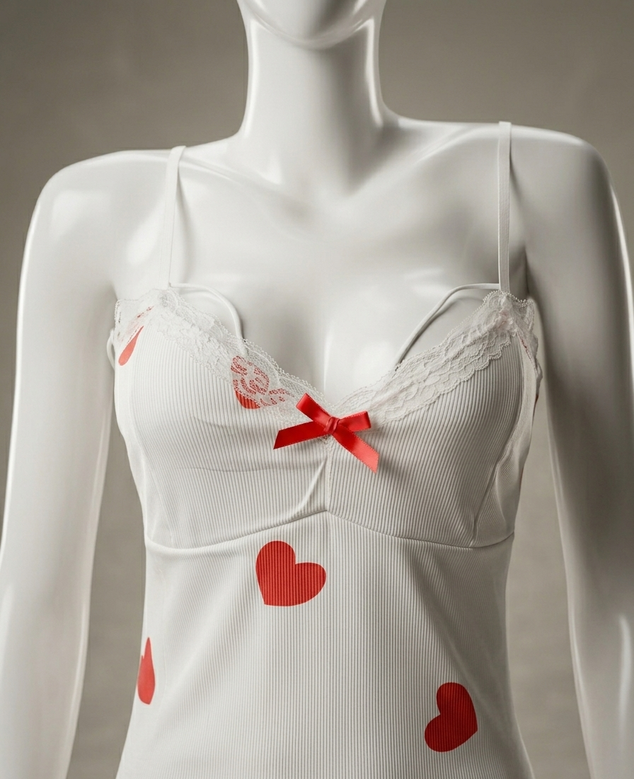 Heart Print Lace-Trim Nightdress