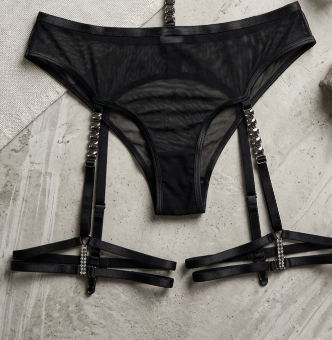 Strappy Mesh Lingerie & Garter Set – Onyx Noir