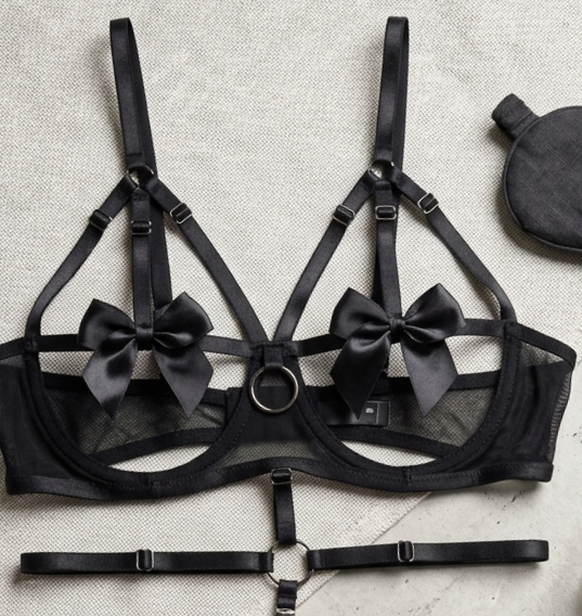 Strappy Mesh Lingerie & Garter Set – Onyx Noir
