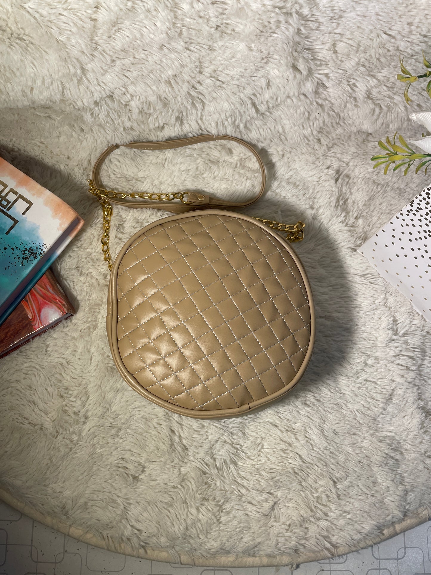 Mehllab Beige Quilted Round Chain Crossbody Bag