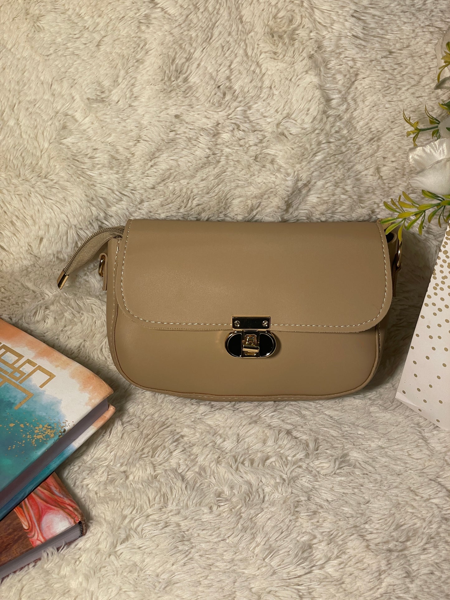Mehllab Beige Minimalist Saddle Crossbody Bag