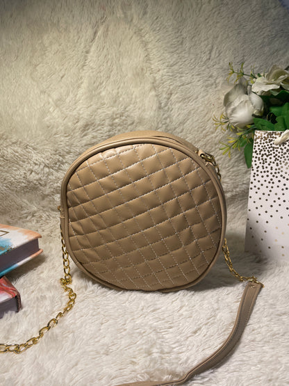 Mehllab Beige Quilted Round Chain Crossbody Bag