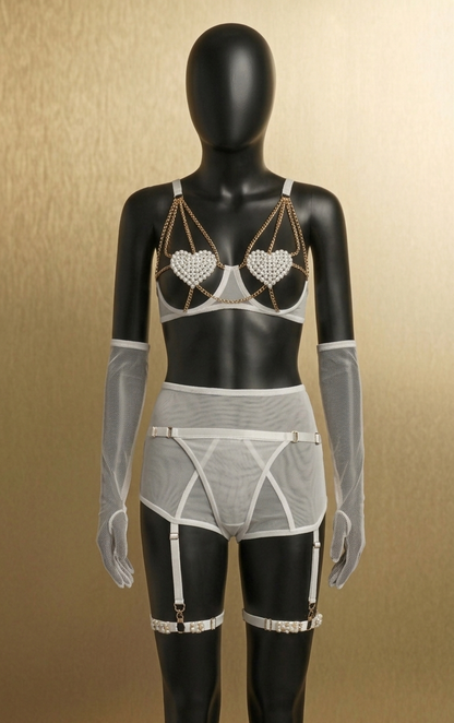 Amour Pearl Garter Lingerie Set – White