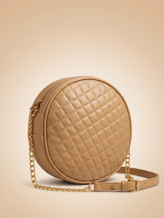 Mehllab Beige Quilted Round Chain Crossbody Bag