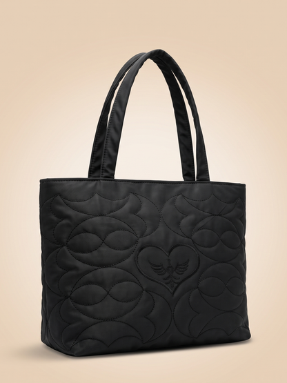 Midnight Quilted Heart Puffer Tote Bag
