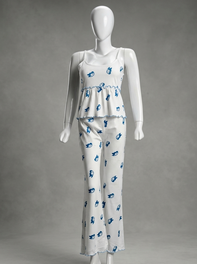Papillon Ribbed Pajama Set 2 pieces – Ivory & Royal Blue