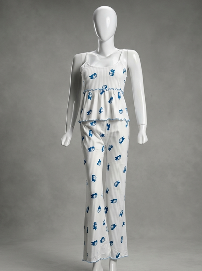 Papillon Ribbed Pajama Set 2 pieces – Ivory & Royal Blue