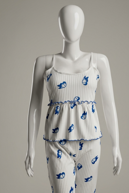 Papillon Ribbed Pajama Set 2 pieces – Ivory & Royal Blue