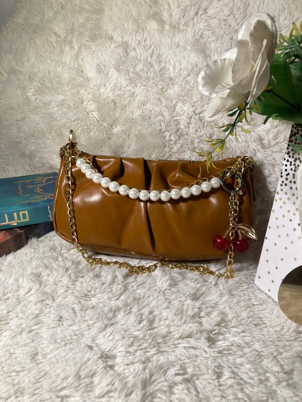 Mehllab Pearl Chain Shoulder Bag – Caramel Brown